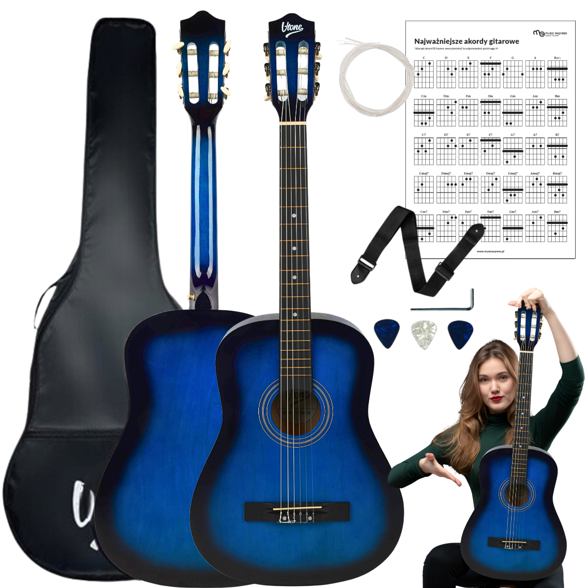 V-TONE CG ONE BB gitara klasyczna 4/4 blueburst do nauki dla początkujących kostki pasek zapasowe struny pokrowiec akordy zestaw