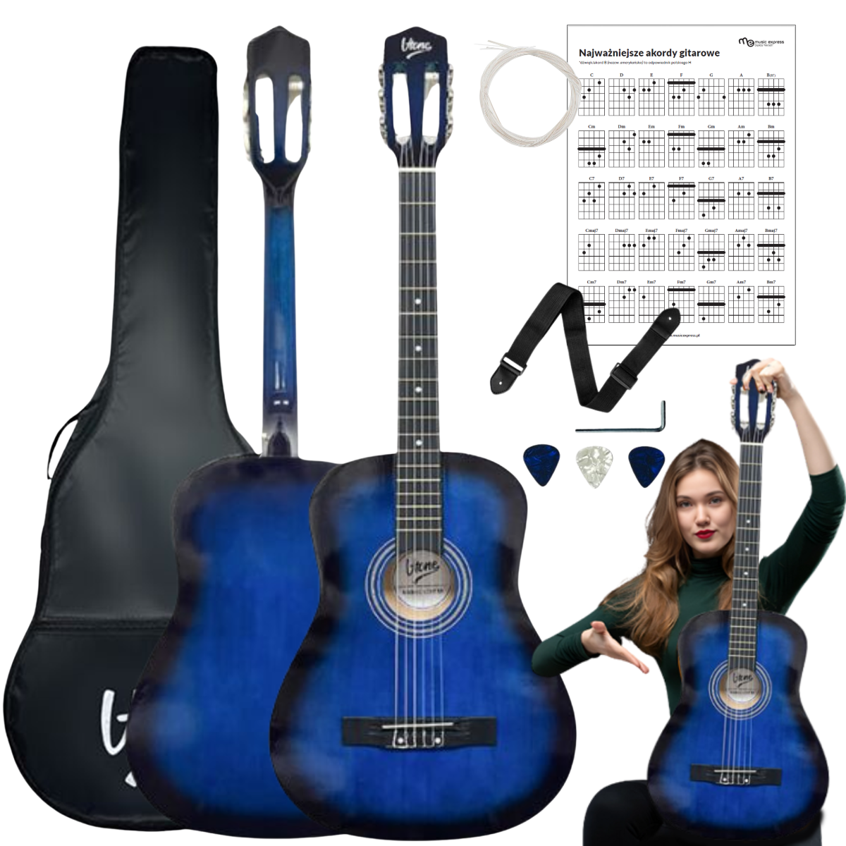 V-TONE CG ONE BB gitara klasyczna 4/4 blueburst do nauki dla początkujących kostki pasek zapasowe struny pokrowiec akordy zestaw