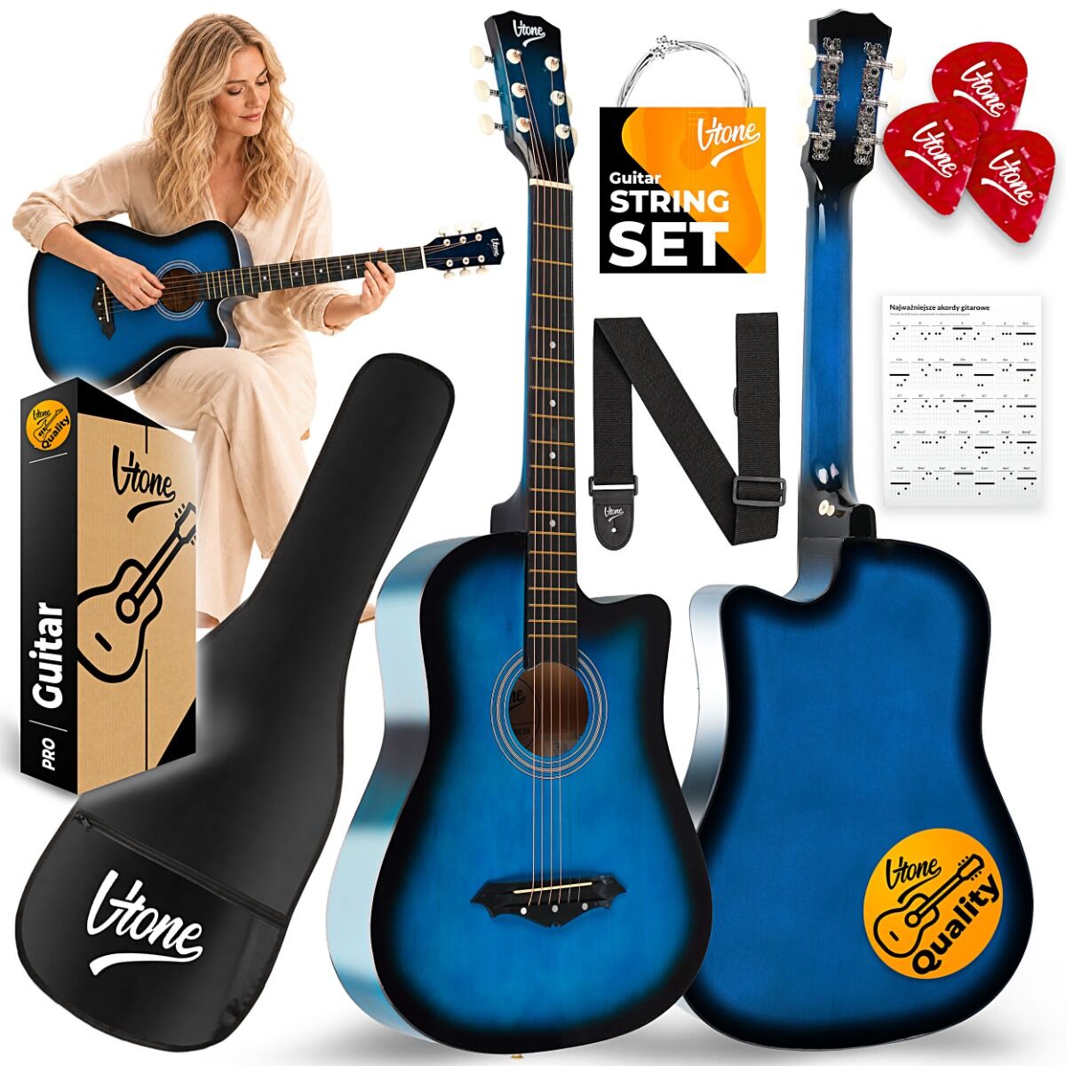 V-TONE AG ONE BB gitara akustyczna 4/4 blueburst do nauki dla początkujących kostki pasek zapasowe struny pokrowiec akordy zestaw