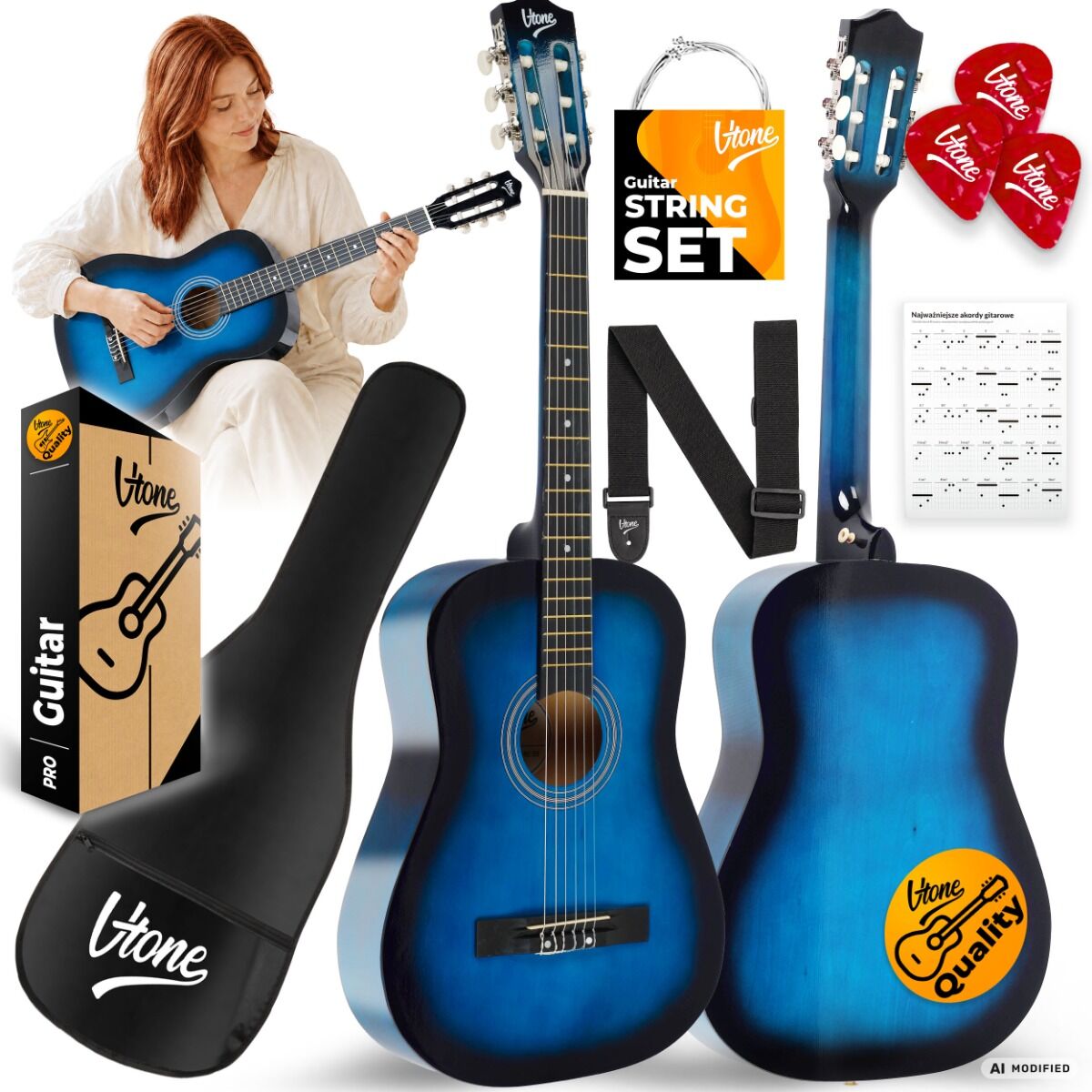 V-TONE CG ONE BB gitara klasyczna 4/4 blueburst do nauki dla początkujących kostki pasek zapasowe struny pokrowiec akordy zestaw