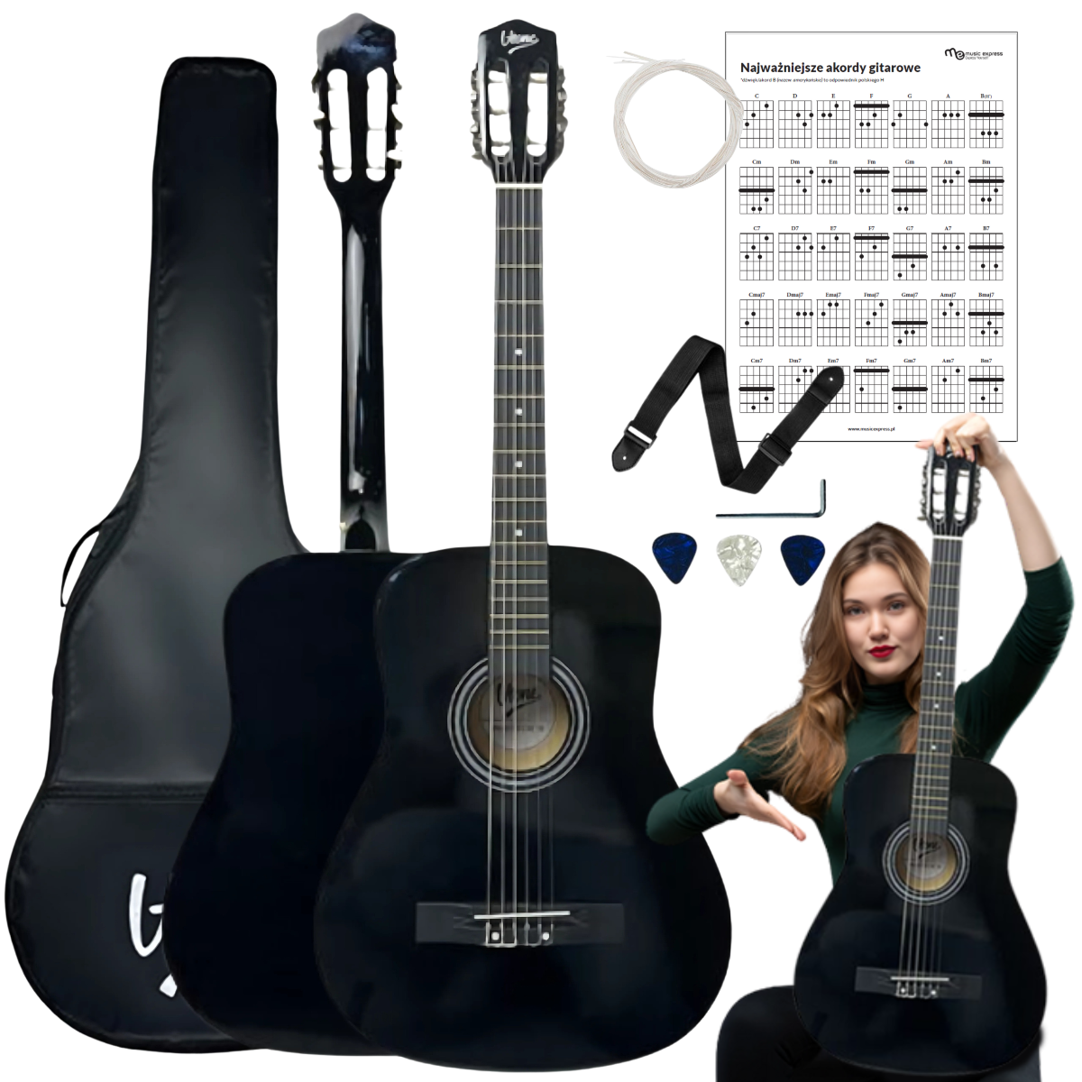 V-TONE CG ONE BK gitara klasyczna 4/4 czarna do nauki dla początkujących kostki pasek zapasowe struny pokrowiec akordy zestaw