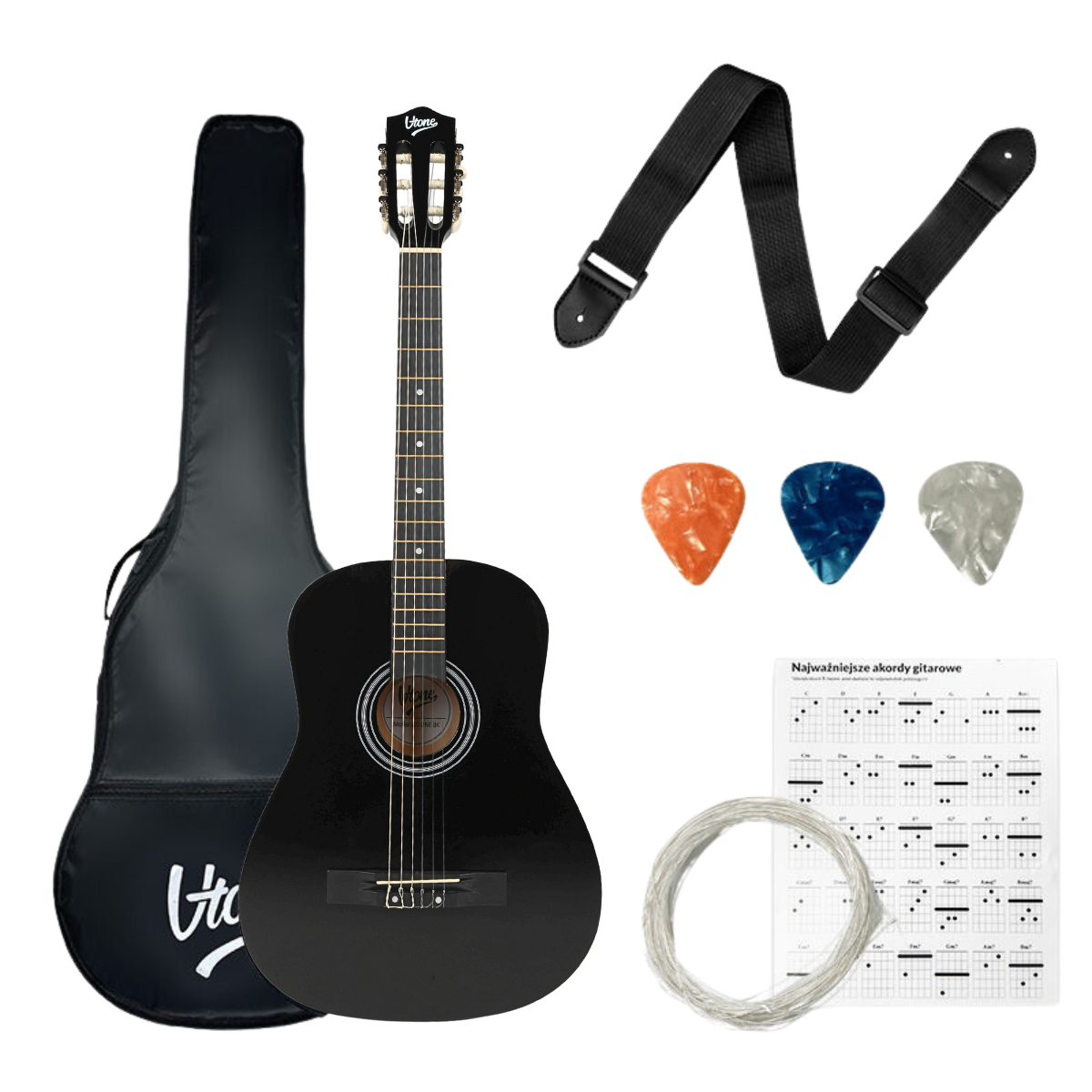 V-TONE CG ONE BK gitara klasyczna 4/4 czarna do nauki dla początkujących kostki pasek zapasowe struny pokrowiec akordy zestaw