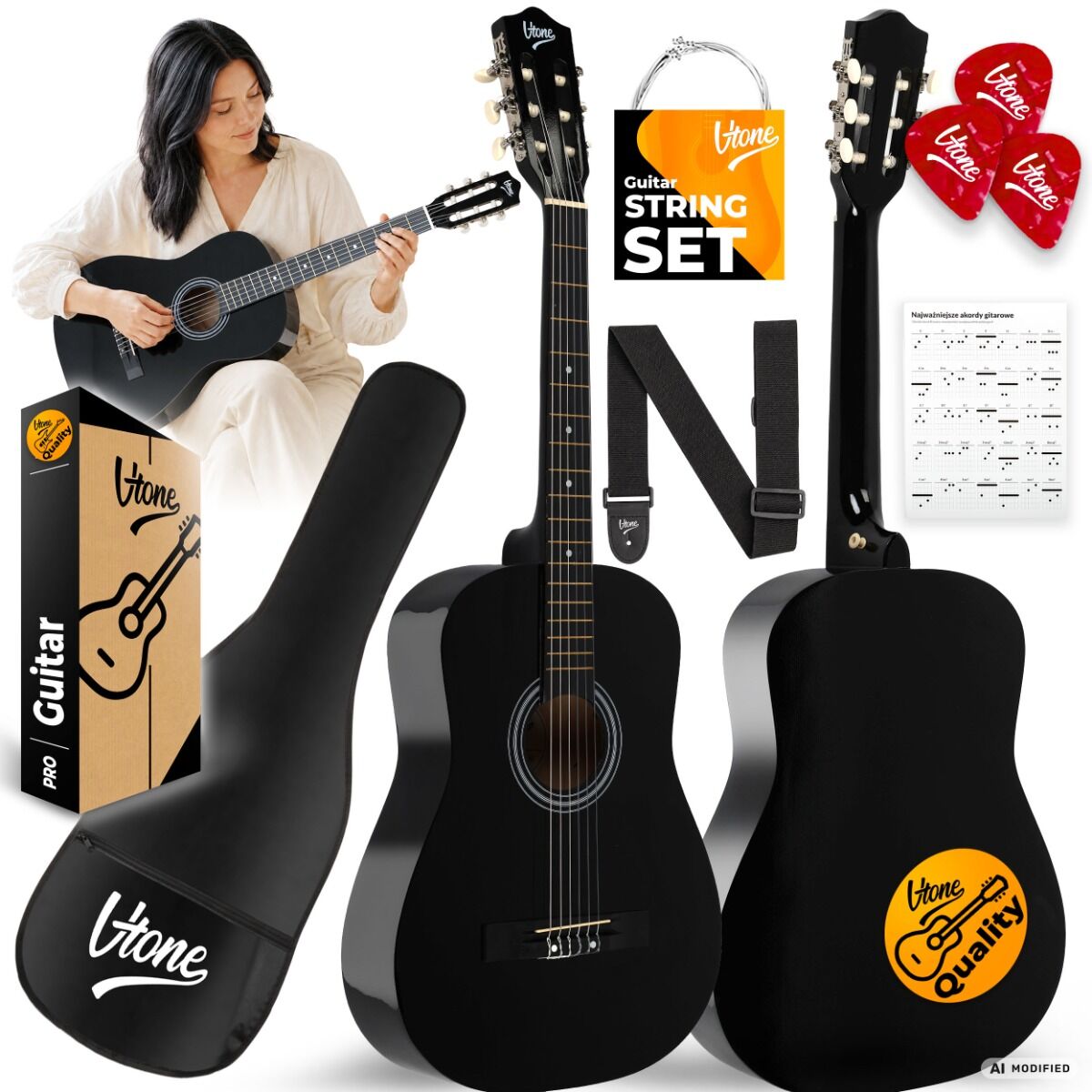 V-TONE CG ONE BK gitara klasyczna 4/4 czarna do nauki dla początkujących kostki pasek zapasowe struny pokrowiec akordy zestaw