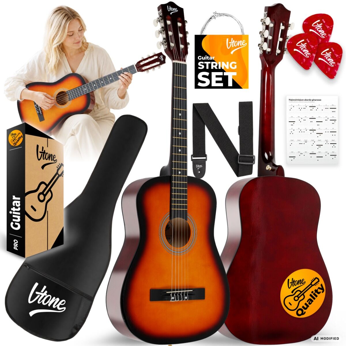 V-TONE CG ONE SB gitara klasyczna 4/4 sunburst do nauki dla początkujących kostki pasek zapasowe struny pokrowiec akordy zestaw