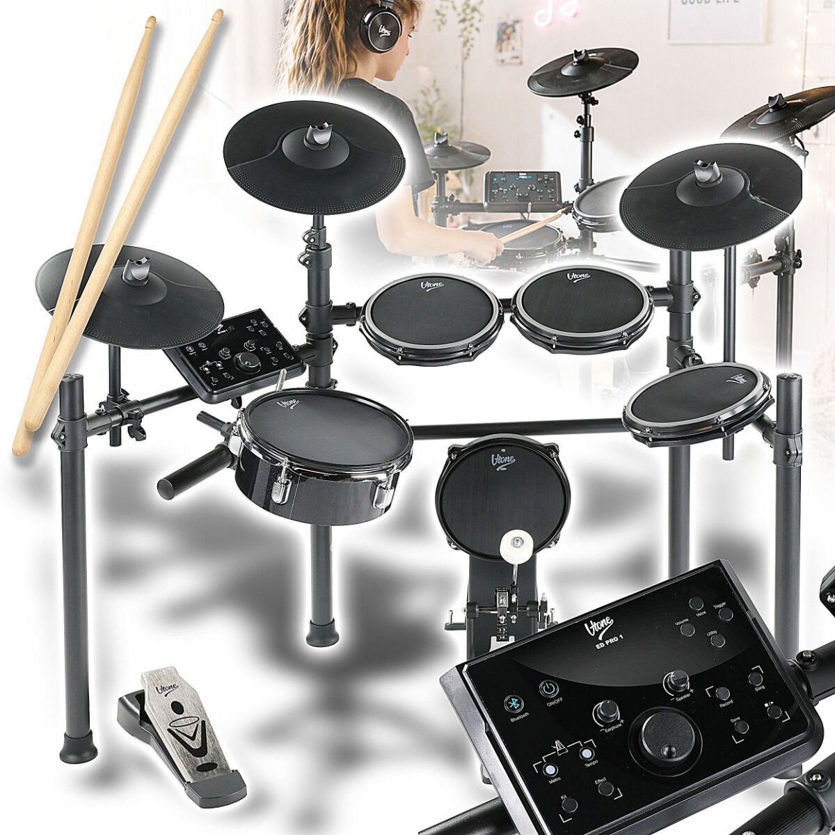 V-TONE ED PRO 1 perkusja elektroniczna zestaw perkusyjny 8-elementowy czarny AUX IN Bluetooth MIDI USB-B USB-C wyjście słuchawkowe wyjście audio stereo pałeczki perkusyjne