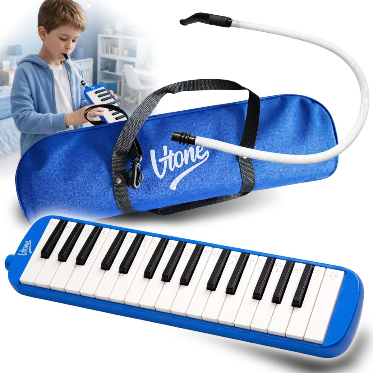 V-TONE MELODY 32 BL melodyka melodyjka harmonijka klawiszowa niebieska 32-klawiszowa 40,5 cm torba transportowa ściereczka do czyszczenia zestaw