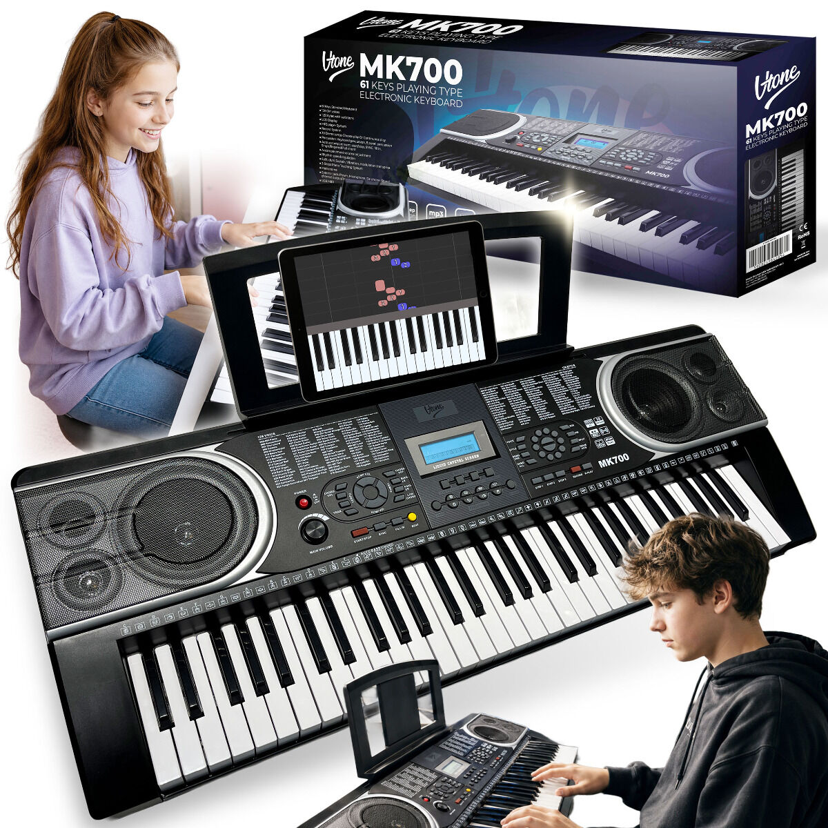 V-TONE MK700 przenośny edukacyjny keyboard elektroniczny MIDI 61 klawiszy instrument dla dzieci do nauki gry pulpit do nut odtwarzacz MP3 USB wbudowane głośniki wyjście słuchawkowe zestaw