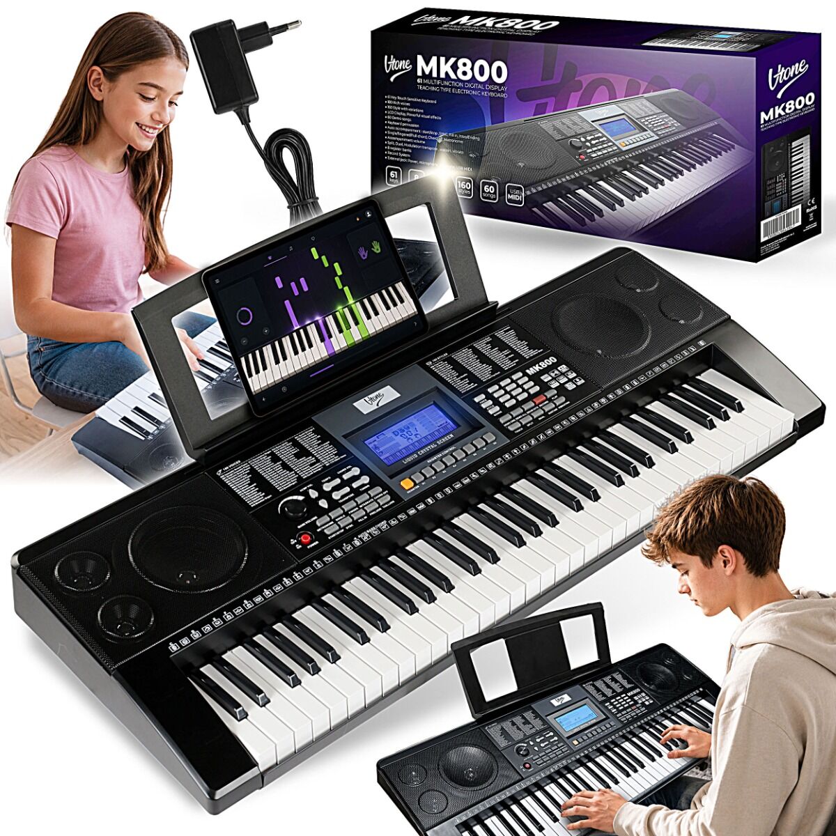 V-TONE MK800 przenośny edukacyjny keyboard elektroniczny MIDI 61 klawiszy instrument dla dzieci do nauki gry pulpit do nut 8 banków pamięci wbudowane głośniki wyjście słuchawkowe zestaw