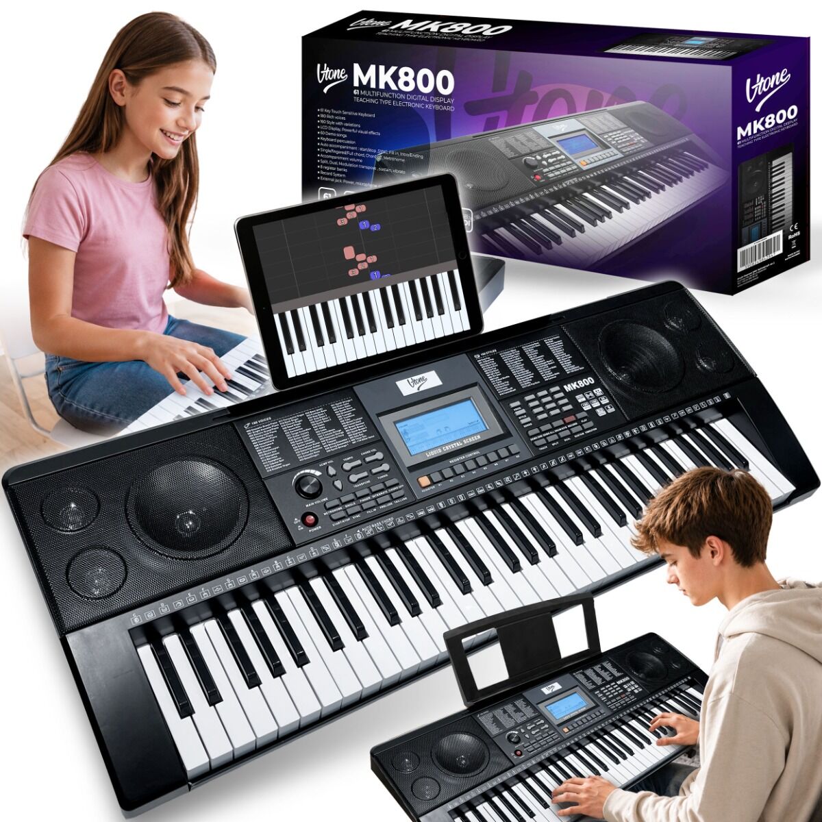 V-TONE MK800 przenośny edukacyjny keyboard elektroniczny MIDI 61 klawiszy instrument dla dzieci do nauki gry pulpit do nut 8 banków pamięci wbudowane głośniki wyjście słuchawkowe zestaw