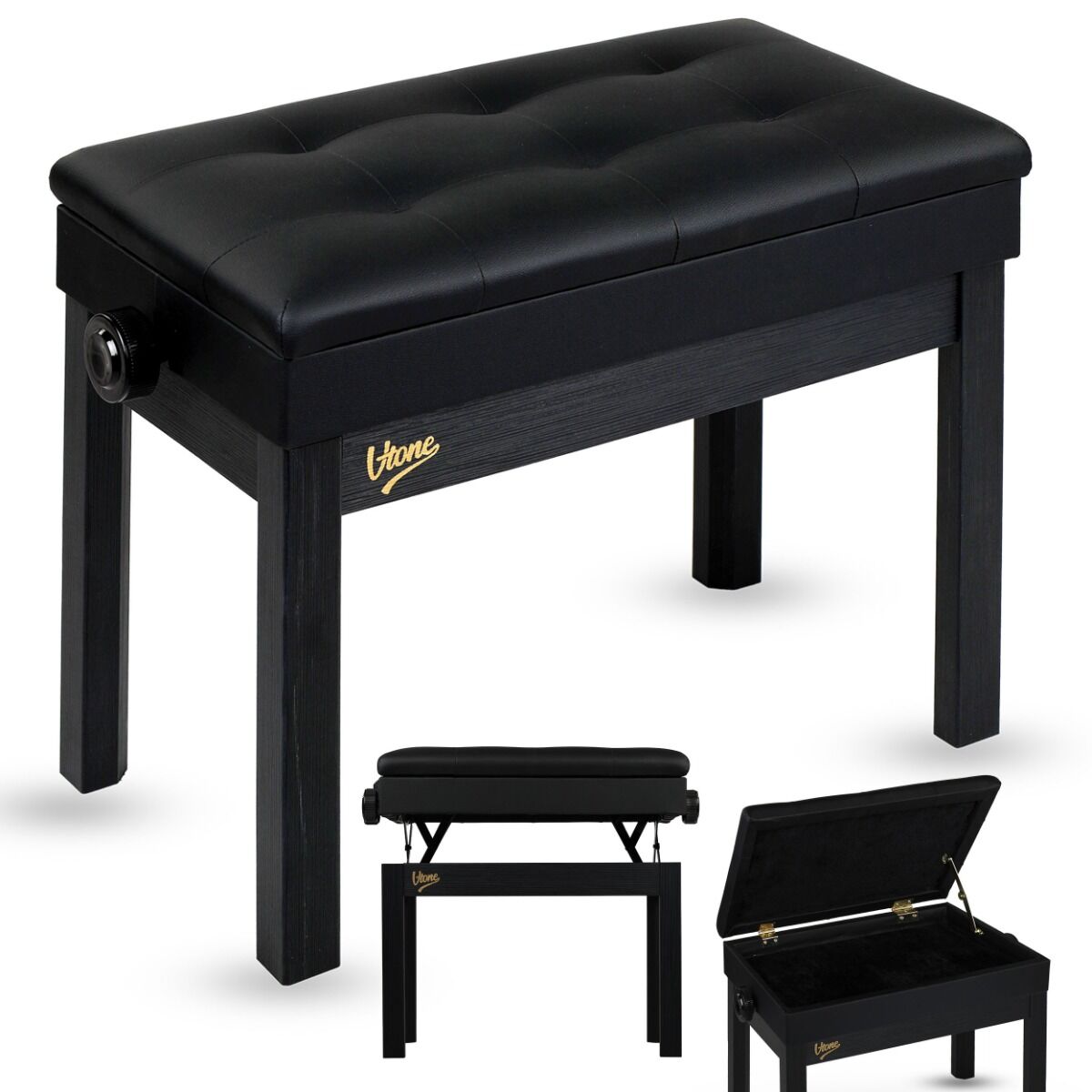 V-TONE PB2 BK ława do pianina keyboardu czarna tapicerowana siedzisko dla muzyka schowek regulowana 49-57 cm do 140 kg
