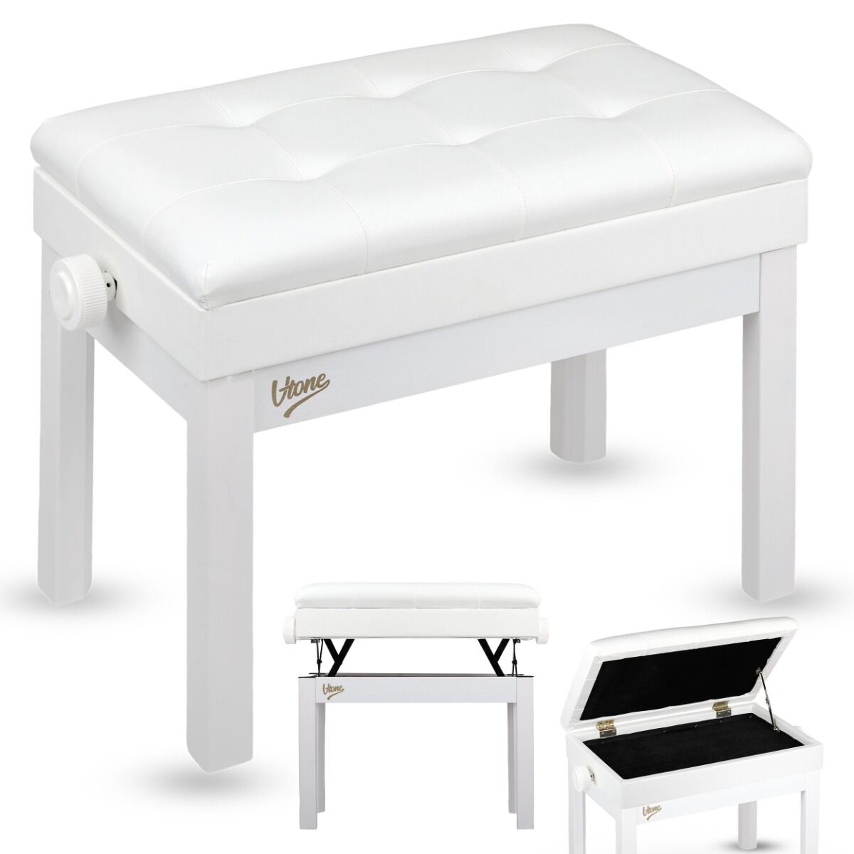 V-TONE PB2 WH ława do pianina keyboardu biała tapicerowana siedzisko dla muzyka schowek regulowana 49-57 cm do 140 kg