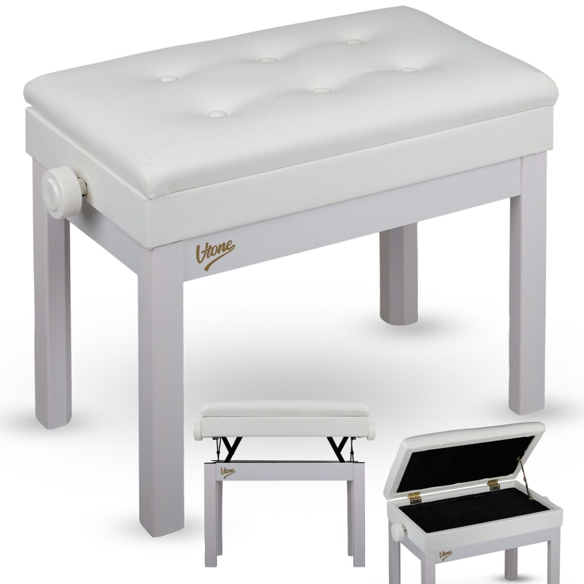 V-TONE PB4 WH ława do pianina keyboardu biała tapicerowana siedzisko dla muzyka schowek regulowana 49-57 cm do 140 kg