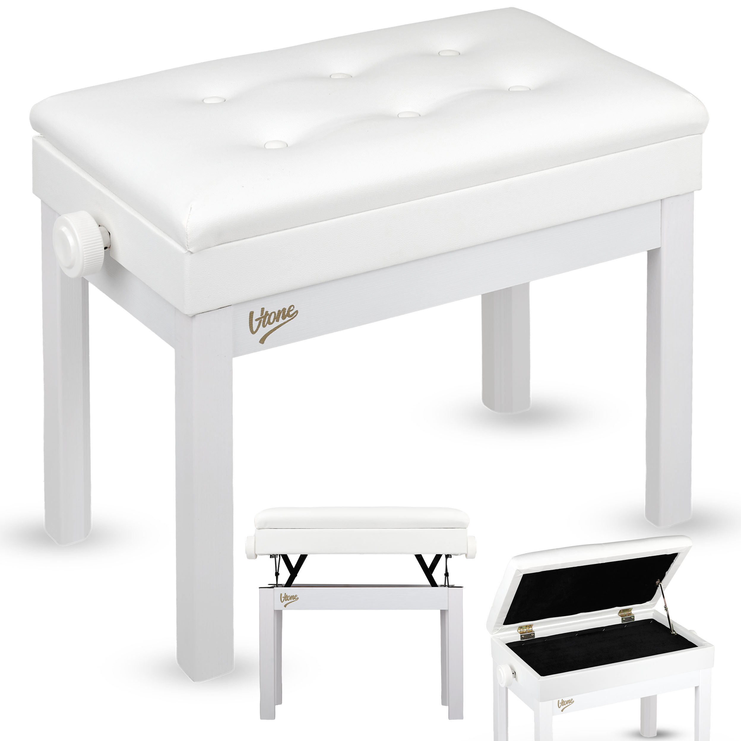 V-TONE PB4 WH ława do pianina keyboardu biała tapicerowana siedzisko dla muzyka schowek regulowana 49-57 cm do 140 kg