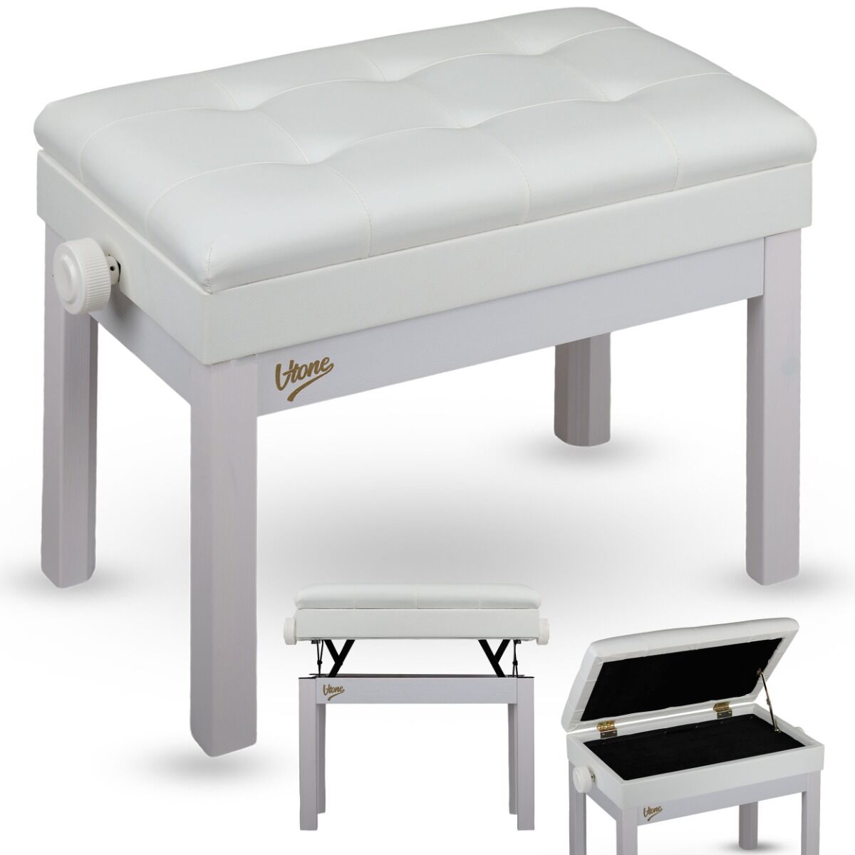 V-TONE PB2 WH ława do pianina keyboardu biała tapicerowana siedzisko dla muzyka schowek regulowana 49-57 cm do 140 kg