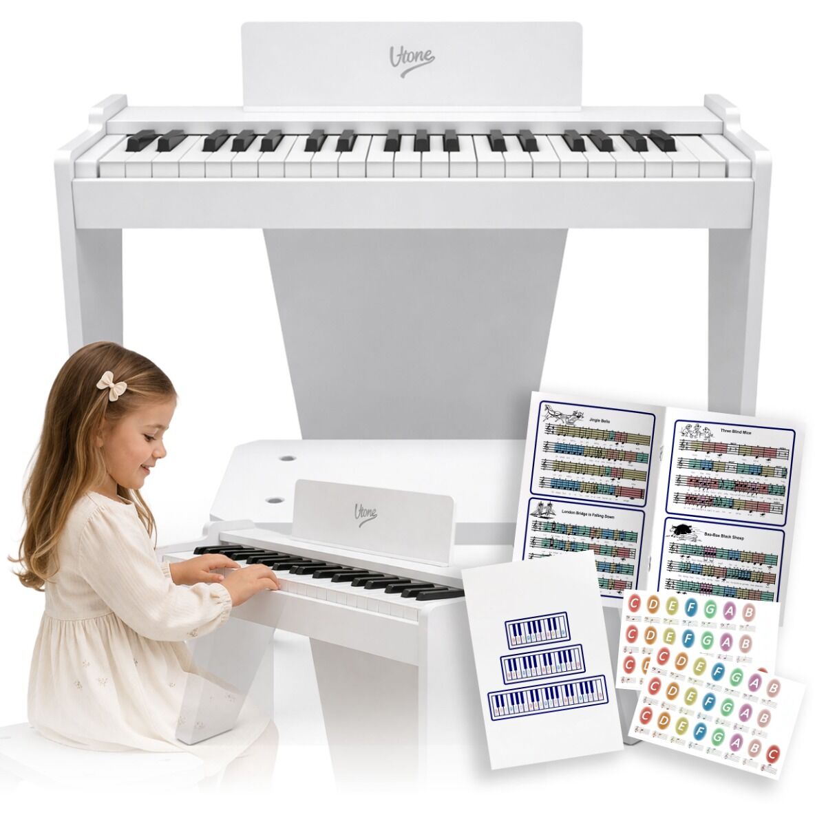V-TONE PJR 50 WH digital electronic white mini grand piano for children stool educational key stickers built-in speaker