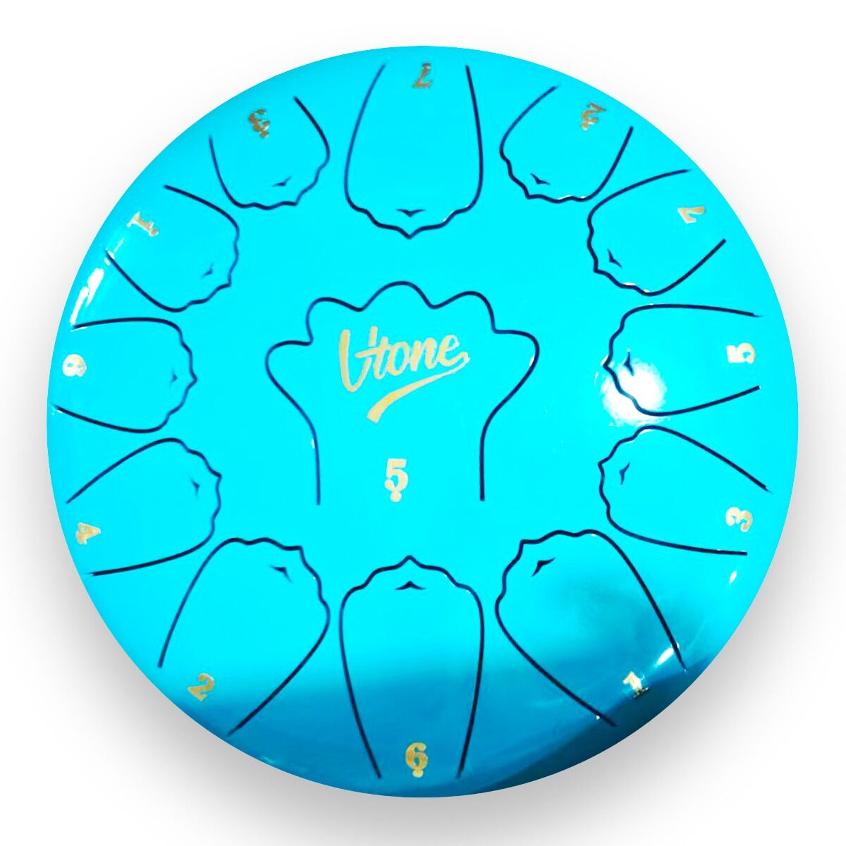 V-TONE VBJ 12-13 C stalowy bęben językowy tank drum hank drum cyjan 12 cali 13 tonów pałeczki perkusyjne pokrowiec z paskiem 4 nakładki na palce uchwyt na pałeczki naklejki lista melodii ściereczka zestaw