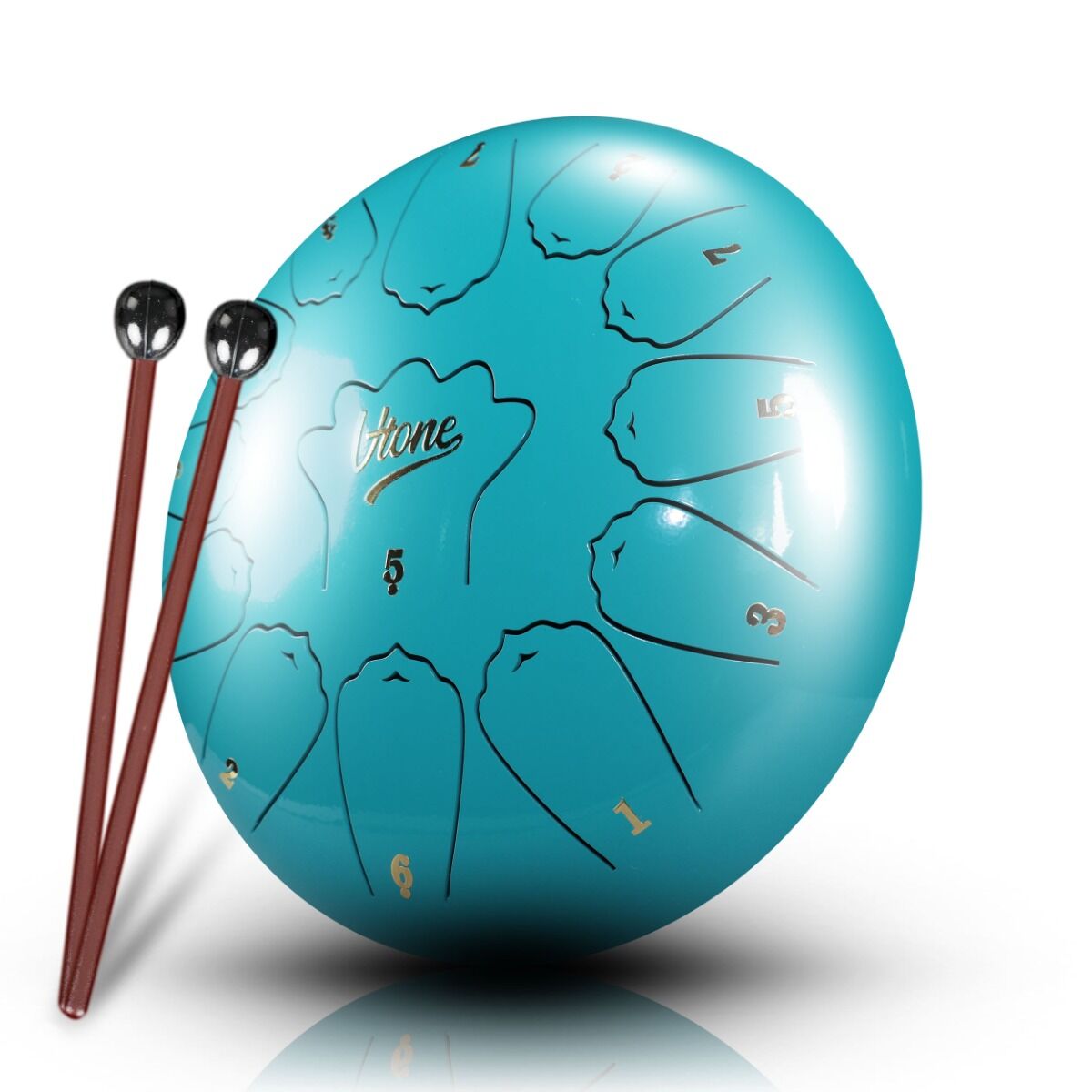 V-TONE VBJ 12-13 C stalowy bęben językowy tank drum hank drum cyjan 12 cali 13 tonów pałeczki perkusyjne pokrowiec z paskiem 4 nakładki na palce podstawka na pałeczki naklejki lista melodii ściereczka zestaw