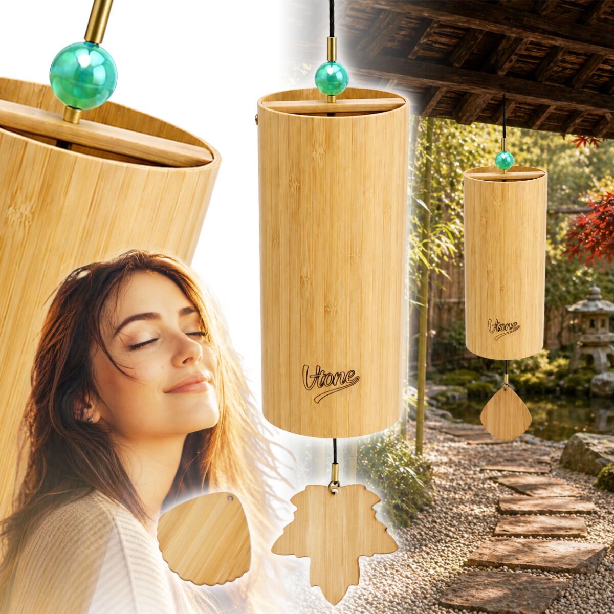 V-TONE ZEN FOREST dzwonek wietrzny wind chime dekoracja dźwiękowa tonacja G drewno bambusowe zielony koralik 2 zawieszki liść muszla 40,5 cm