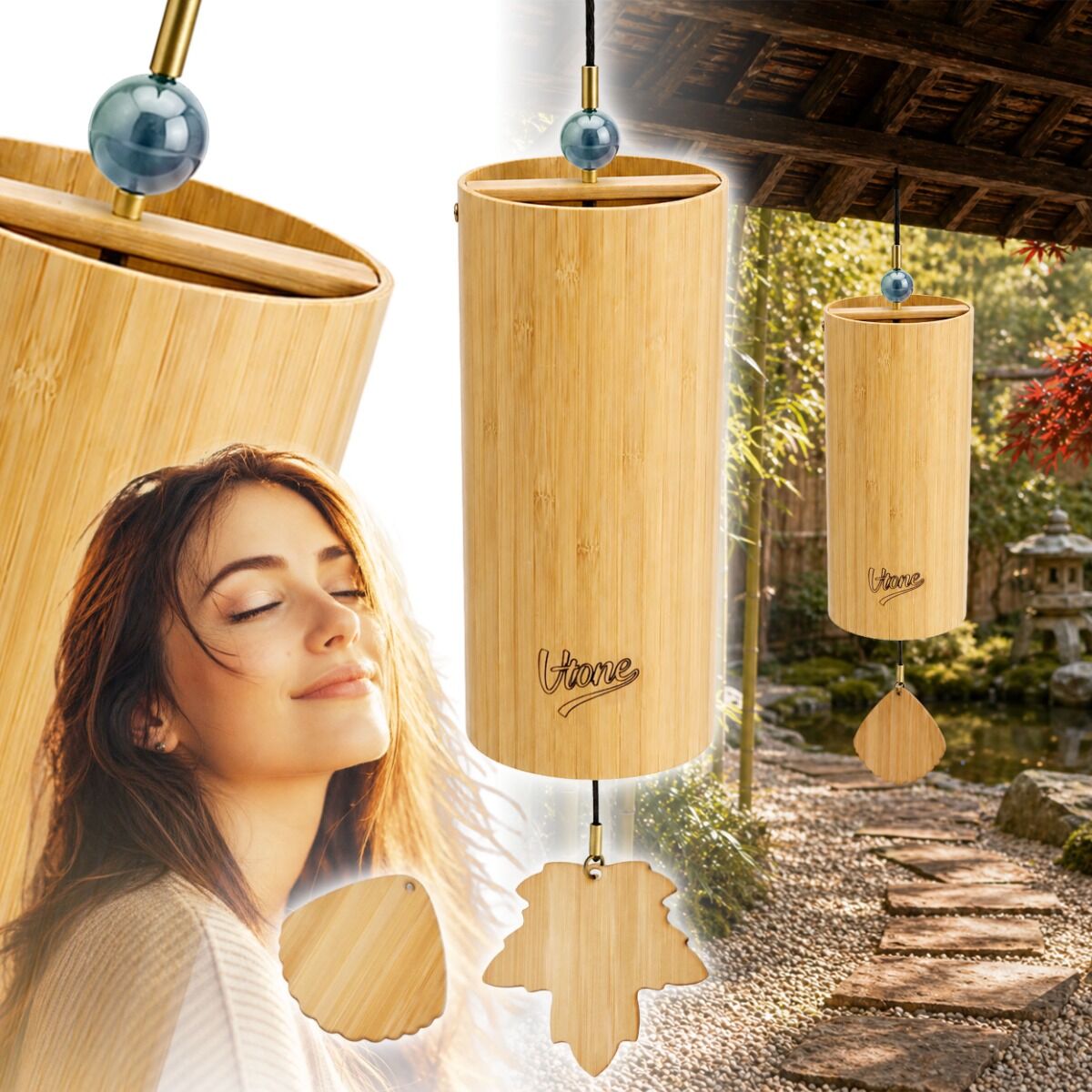 V-TONE ZEN LAKE dzwonek wietrzny wind chime dekoracja dźwiękowa tonacja F drewno bambusowe niebieski koralik 2 zawieszki liść muszla 40,5 cm