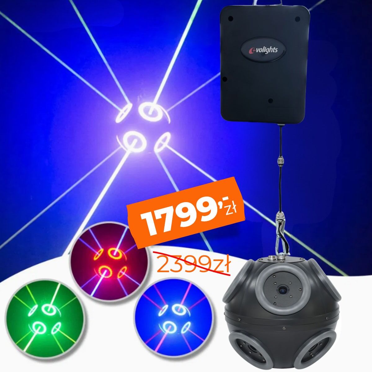 EVOLIGHTS COSMIC BALL LASER multiefekt świetlny DMX oświetlenie sceniczne dyskotekowe klubowe LED 360° laser ring regulowana wysokość 0-3 m 8x500mW RGB+96x0,5W RGB SMD 5050