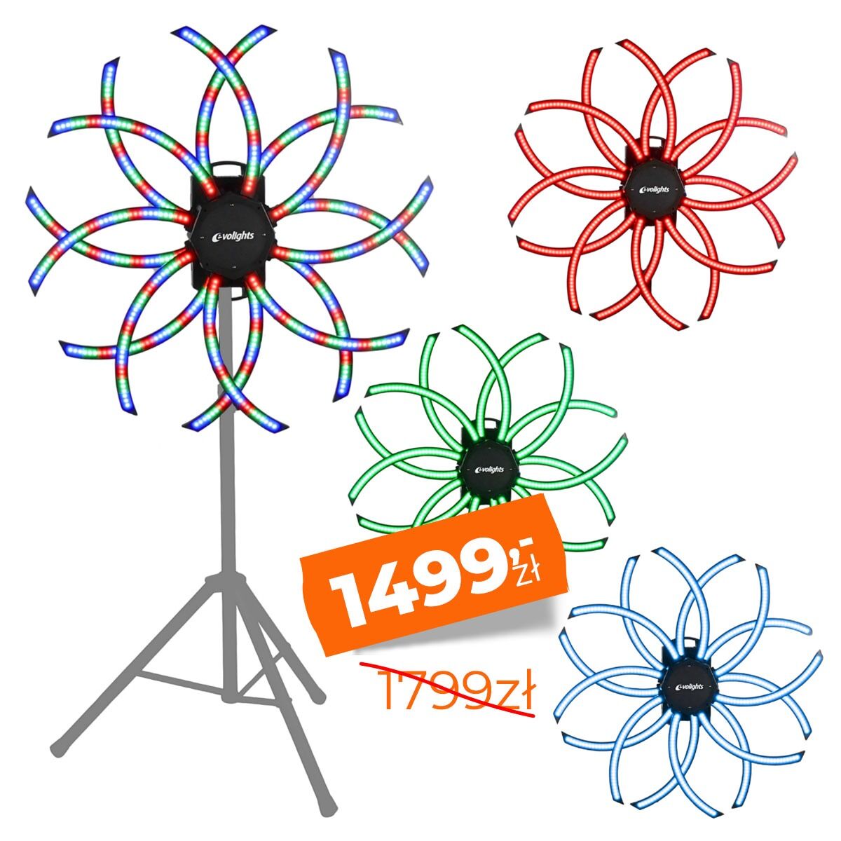 EVOLIGHTS VORTEX ruchomy efekt oświetleniowy DMX LED rotacja 360° 576x0,3W RGB SMD 5050 efekt tła 2x uchwyt montażowy omega
