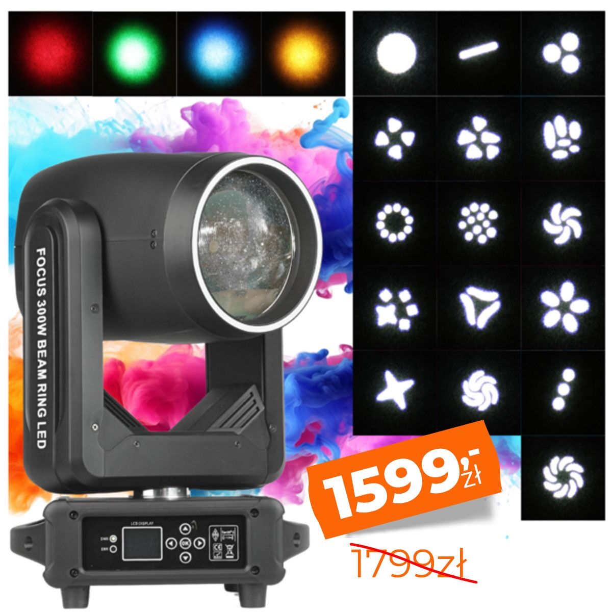 LIGHT4ME FOCUS 300W BEAM RING LED głowica ruchoma oświetlenie sceniczne efekt ring 31x0,5W RGB SMD LED 2x uchwyt montażowy omega