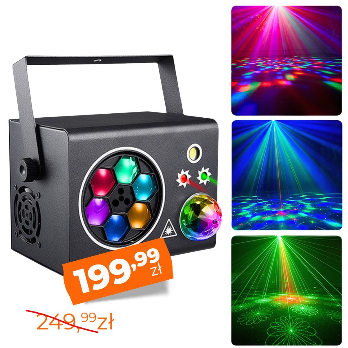 LIGHT4ME PARTY BOX-A efekt dyskotekowy multiefekt oświetleniowy LED DMX 5w1 gobo 6x3W R/G/B/W/P/Y kula disco 3x1W R/G/B laser R/G biały stroboskop 1x10W W uchwyt montażowy