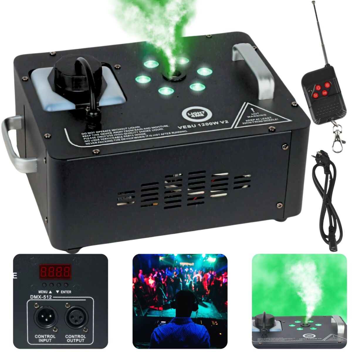 LIGHT4ME VESU 1200W V2 generator wytwornica dymu pionowego mgły DMX efekt świetlny 6x1W RGB LED pilot bezprzewodowy rączki do przenoszenia