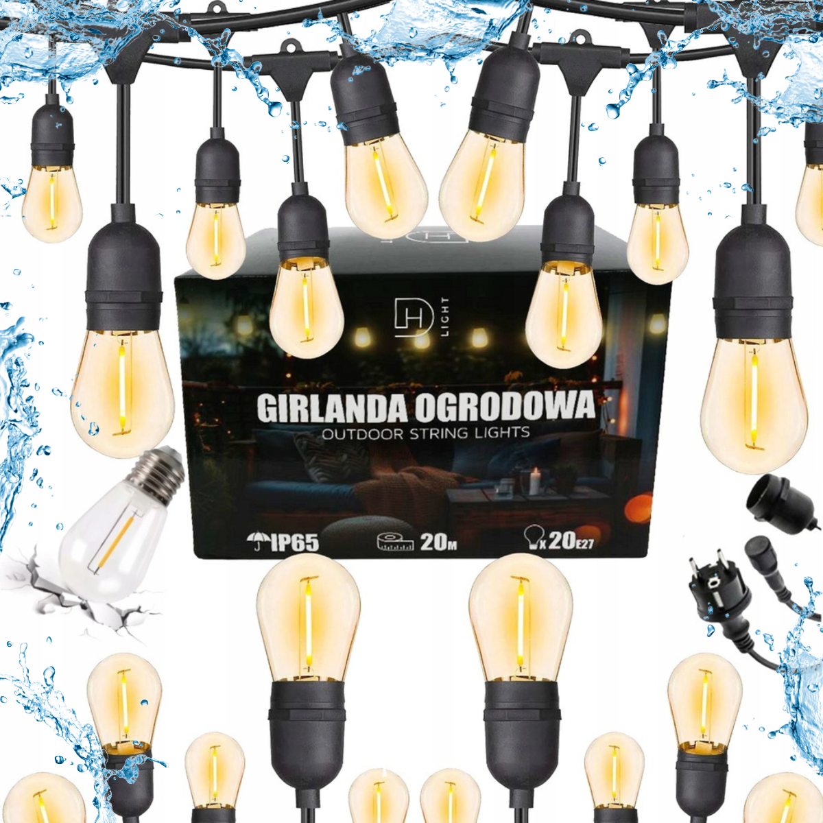 DH LIGHT GARLAND 201 girlanda świetlna ogrodowa zewnętrzna sznur oświetleniowy 20 m 20x żarówka E27 LED 1W pojedynczy żarnik