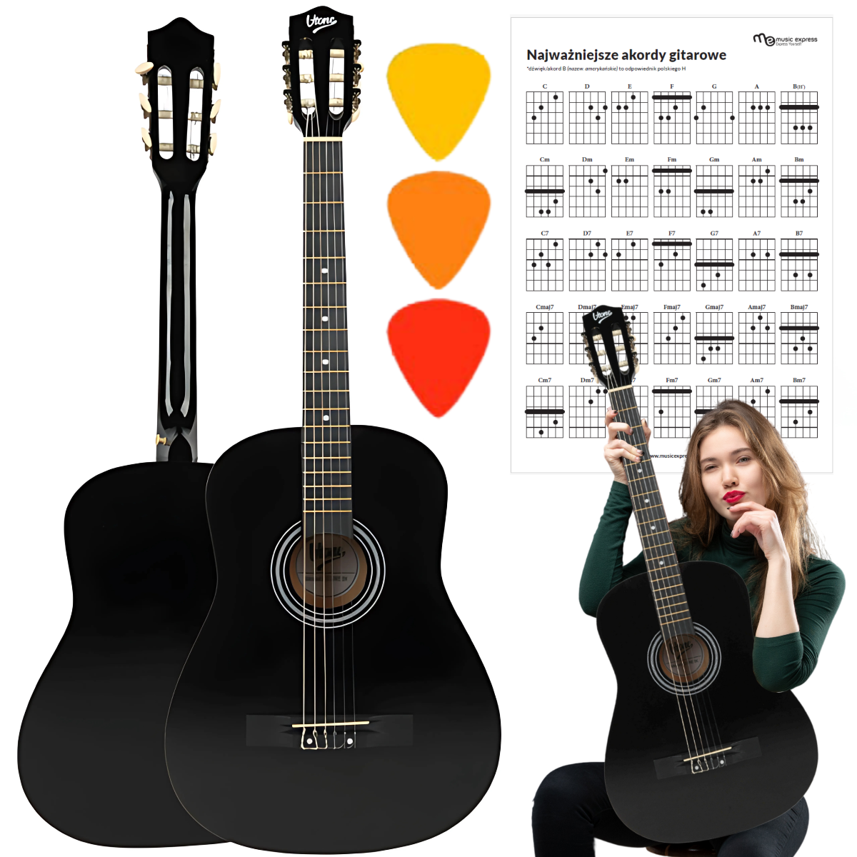 V-TONE BCG BK gitara klasyczna 4/4 czarna do nauki dla początkujących 3x kostka do gry akordy zestaw