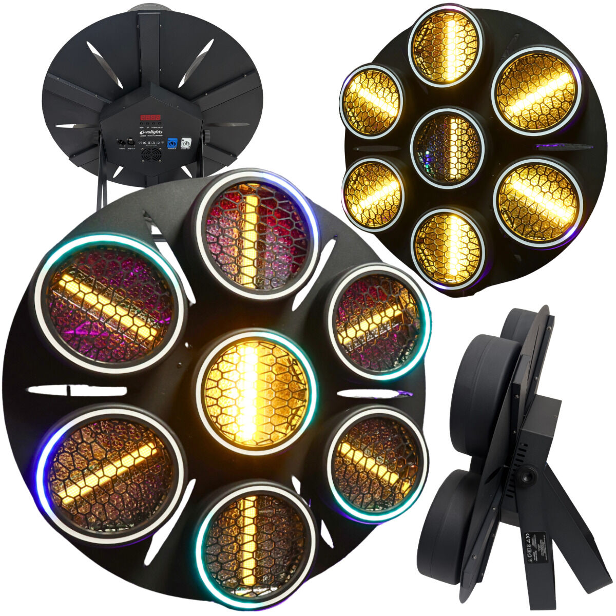 EVOLIGHTS LUMEN 7 RING 7x30W WW + 224x0,5W/31x0,2W RGB LED reflektor estradowy vintage oświetlenie sceniczne retro ciepła biel efekt tła ring